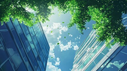 Poster - Low angle view of modern glass buildings surrounded by lush green trees under a bright blue sky with falling leaves.