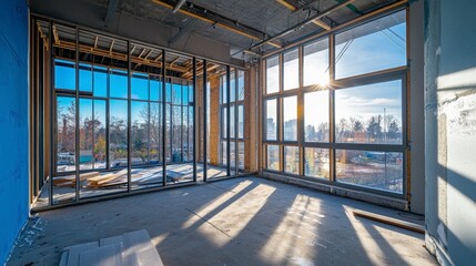 Poster - Sunlit empty room under construction with large windows, showing framework, walls, and flooring.