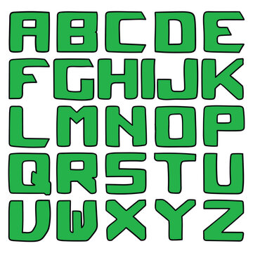 Hand drawn cartoon green english alphabet on white background.