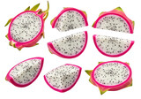 A collection of dragon fruit slices arranged on a white background with varying orientations and positions