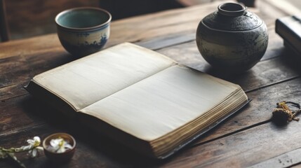 Poster - Elegant minimalist open book with blank pages in soft neutral lighting on a rustic wooden table
