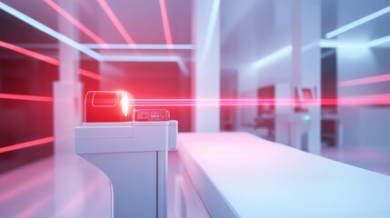 Aufkleber - Close-up of a red laser beam gliding over smooth skin in a modern beauty technology setting with soft sterile lighting