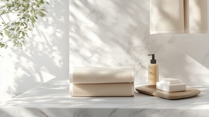 Poster - soft beige towels and natural skincare products displayed on a marble countertop in a sunlit bathroo