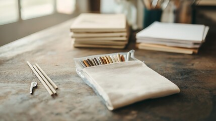 Aufkleber - Creative workspace features art supplies, sketch pads, and drawing tools during a quiet afternoon