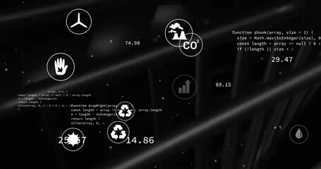 Poster - Environmental icons with data processing animation on black and white digital backdrop
