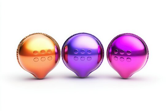 Communication concept: metallic chat balloons, three dots, gradient colors.