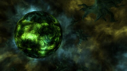 Poster - glowing green planet surrounded by swirling nebulas and ethereal structures