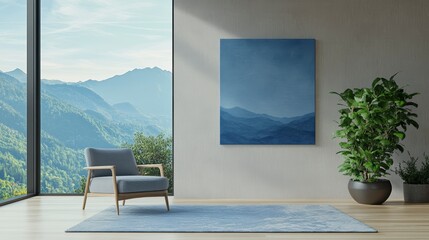 Poster - Modern living room with mountain view, armchair, rug, and artwork.