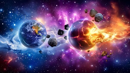 Poster - two celestial bodies and space with asteroids in the cosmos