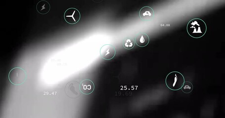 Poster - Abstract animation with various icons and numerical data over blurred background