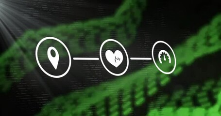 Poster - Animation showing location, heart rate, and speed icons on green digital background