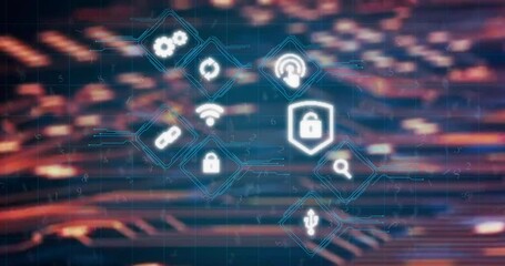 Poster - Animation of digital security icons overlaying network connections on blurred background