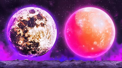 Poster - two celestial bodies display vibrant colors in a cosmic environment