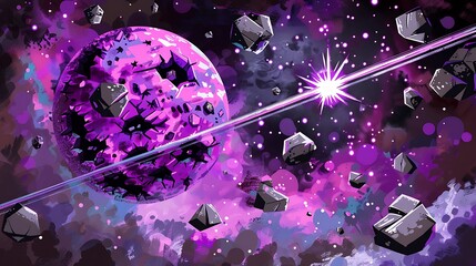 Poster - a purple planet with asteroids in outer space is shown