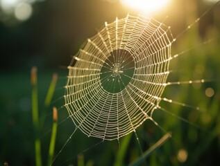 Dew-covered spider web glistening in the morning sunlight, delicate silk threads forming intricate patterns
