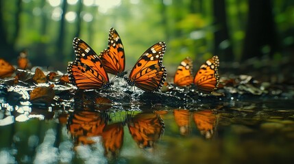 Group of butterflies gather on forest puddle, colorful wings reflect on water, fallen leaves and dappled sunlight spread over muddy edge