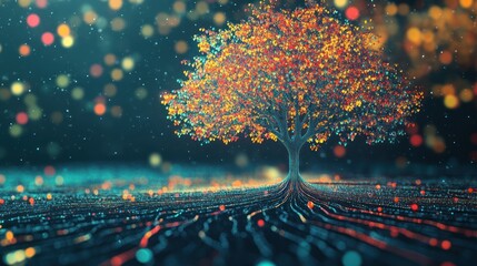 Poster - Luminous tree with interconnected roots in a digital landscape, illuminated design
