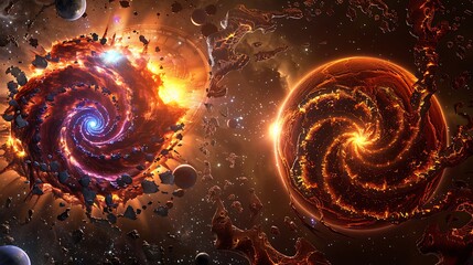 Poster - Two swirling nebulae explode within a vast and starry cosmic void