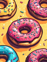 Poster - Playful display of colorful donuts with rainbow frosting and sprinkles in a vibrant pop-art style for a delightful treat experience