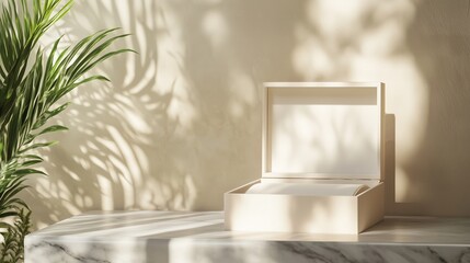 Poster - natural light highlights a minimalist wooden box surrounded by shadows and greenery in a serene sett