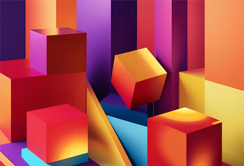 Poster - Geometric Abstraction: A vibrant and dynamic composition featuring a multitude of geometric shapes in various forms and hues, set against a bold backdrop