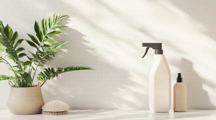 Poster - decorative arrangement of natural skincare products and greenery on a stylish surface in a bright, m