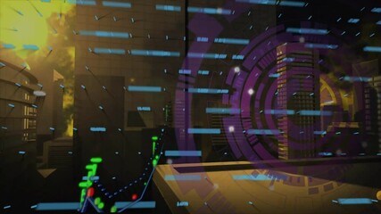 Poster - Digital patterns and graphs creating futuristic animation over urban background