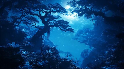 A beautiful surreal blue landscape depicting lush forests and celestial skies