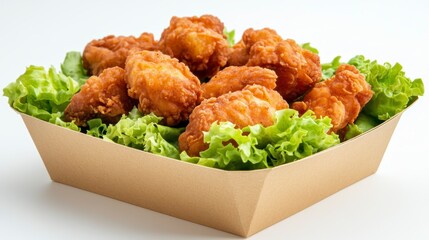 Poster - Crispy fried chicken nuggets served in a cardboard tray on a bed of fresh lettuce.