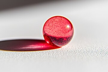 Poster - An abstract macro shot of a red translucent sphere with sparkles, casting a vibrant shadow on a textured white surface in a captivating studio setting.