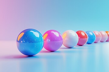 Poster - A vibrant array of colorful spheres aligned on a smooth surface, reflecting light, creating a modern, playful, and eye-catching visual experience with soft gradient background.