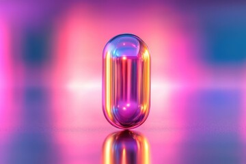 Poster - A captivating abstract image featuring a glossy, capsule-shaped object reflecting vibrant pink, purple, blue and golden light against a soft, blurred, multicolored background.