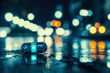 Poster - A futuristic capsule with glowing lights resting on a wet surface at night with blurred city lights creating a tech-noir atmosphere, suitable for innovative concepts.