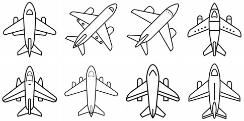 Poster - Airplane on Sky Outline Coloring Book Page Line Art Drawing Set White Background