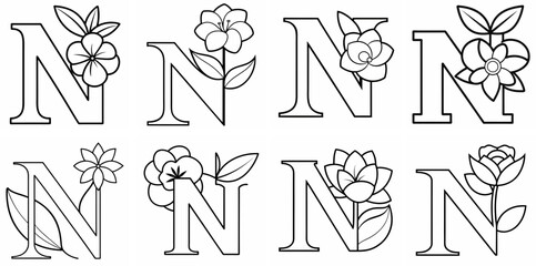 Poster - Alphabet N with Flower Outline Coloring Book Page Line Art Drawing Set White Background