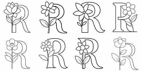 Poster - Alphabet R with Flower Outline Coloring Book Page Line Art Drawing Set White Background