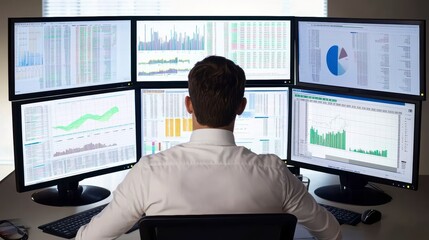 Poster - Man analyzing financial data on multiple computer screens.