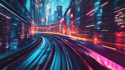 Poster - High-speed futuristic train gliding through vibrant cyberpunk city with neon reflections and motion blur in a dynamic urban landscape