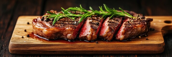Aufkleber - Savory marbled steak garnished with fresh herbs on wooden cutting board in deep contrast lighting