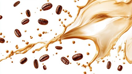 Poster - Coffee beans and splash of creamy latte isolated on white.