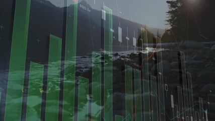 Poster - Bar and line graphs animation over serene mountain lake landscape