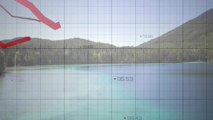 Poster - Animation of red graph line showing financial trends over serene lake and mountains