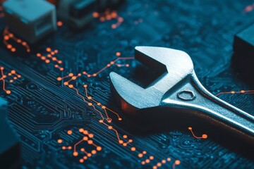 industrial wrench on circuit board background for technology concepts
