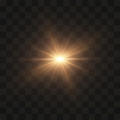 Poster - Yellow star flashed with sparkles sun isolated on white background. Soft glow without departing rays, sunlight with lens flare effect. PNG vector light effect.