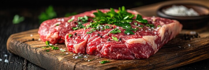 Aufkleber - Fresh marbled steak garnished with herbs and spices on a wooden cutting board under deep contrast lighting