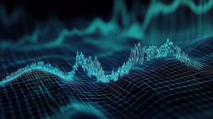 Poster - Abstract blue wave pattern on wireframe grid visualizes complex data trends