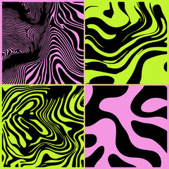 Fototapete - Abstract vector with wavy black lines on bright pink and green backgrounds. The design mimics zebra stripes with a psychedelic touch, creating a bold and dynamic visual.