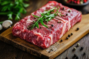 Leinwandbilder - Rich marbled steak on wooden cutting board garnished with fresh herbs and spices in deep contrast lighting for culinary delight
