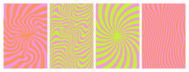 Fototapete - Vibrant abstract patterns with wavy lines in bold colors create optical illusions. Each panel has unique color combos: orange, green, and yellow swirl into dynamic, fluid designs.