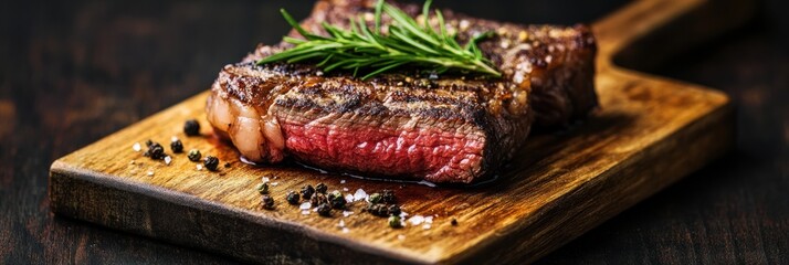 Aufkleber - Fresh marbled steak garnished with herbs displayed on a rustic wooden cutting board with deep contrast lighting